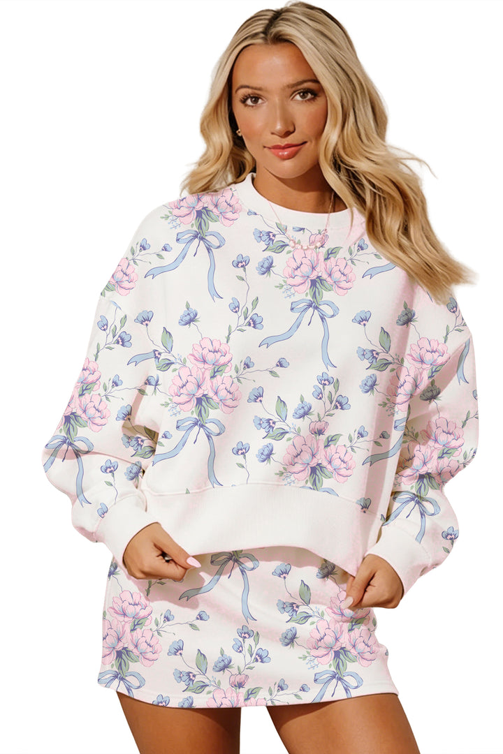 White Floral Print Top Elastic Waist Skort Two Piece Dresses