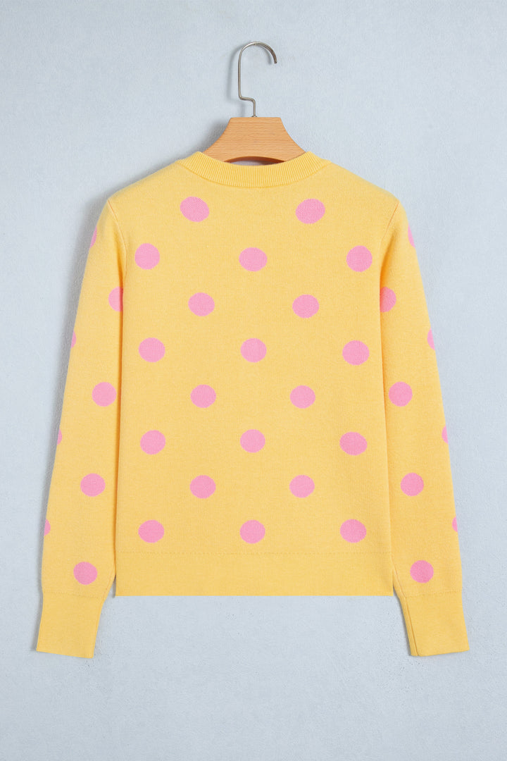 Yellow Cream Casual Polka Dot Button Front Long Sleeve Sweater Cardigan