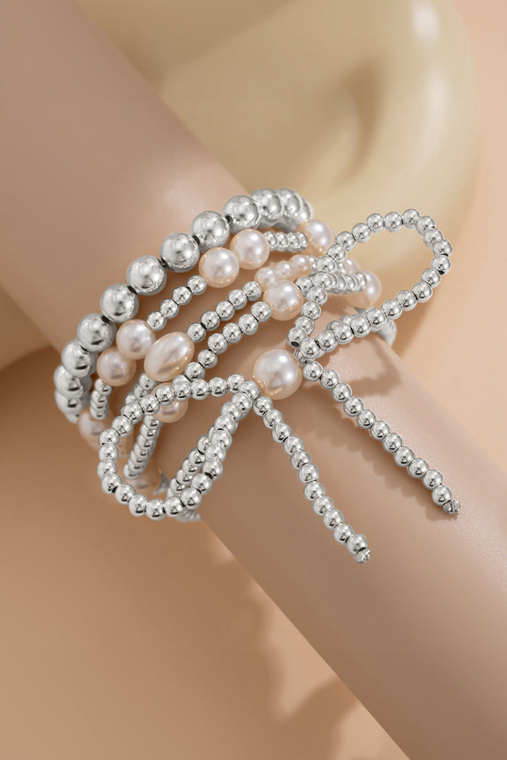 Bow Knot Pearl Beaded Multi Layered Bracelet Set