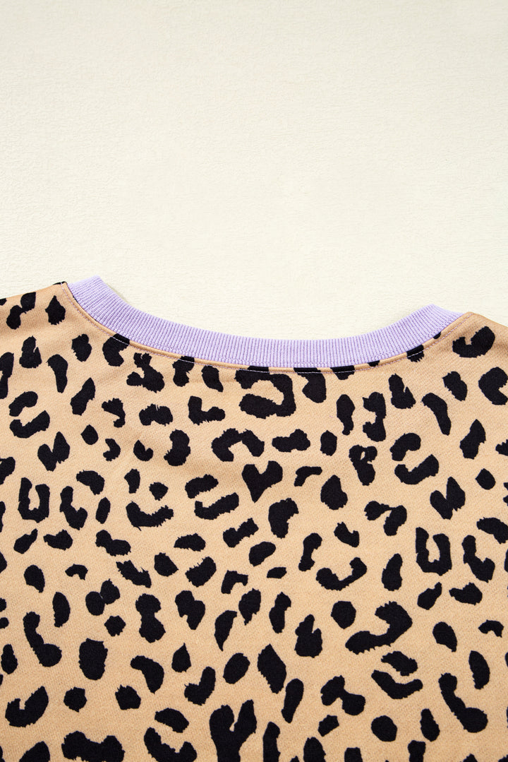 Color Block Patchwork Leopard Casual Sweatshirt with Slits