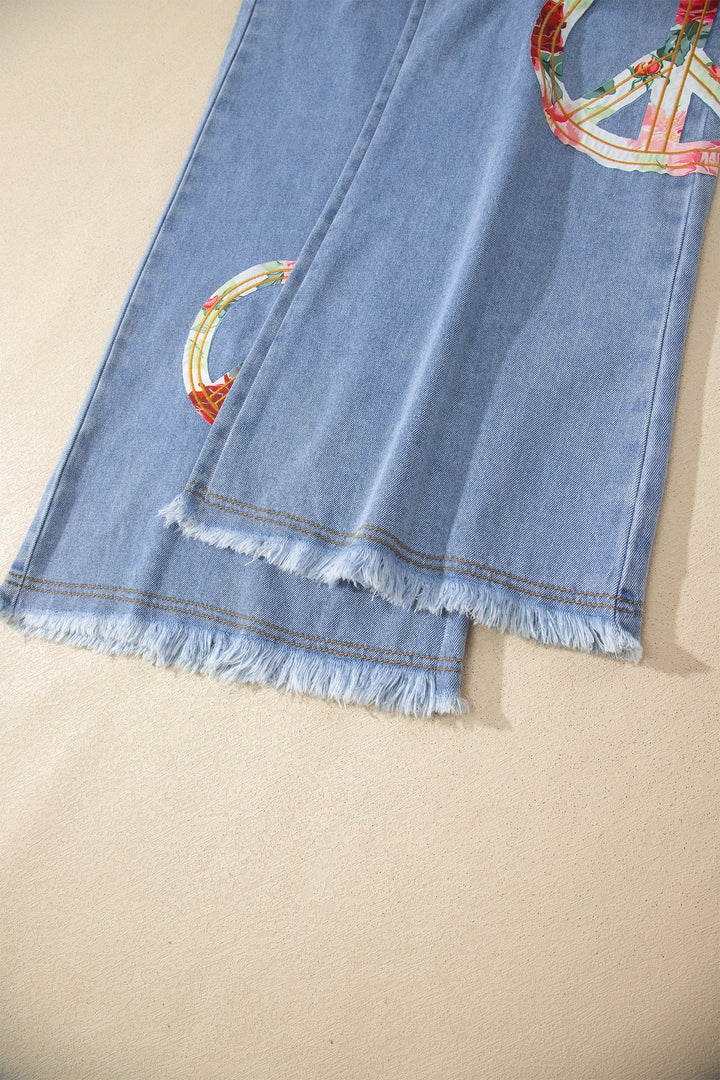 Myosotis Floral Peace Sign Embroidered Patch Wide Leg Jeans
