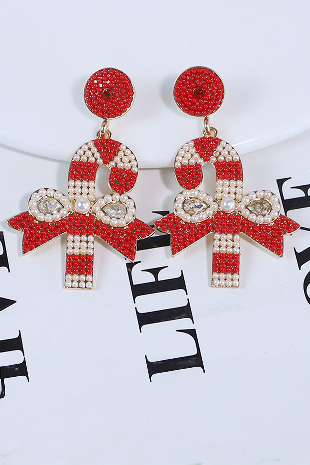 Christmas Candy Cane Pearl Beaded Dangle Earrings