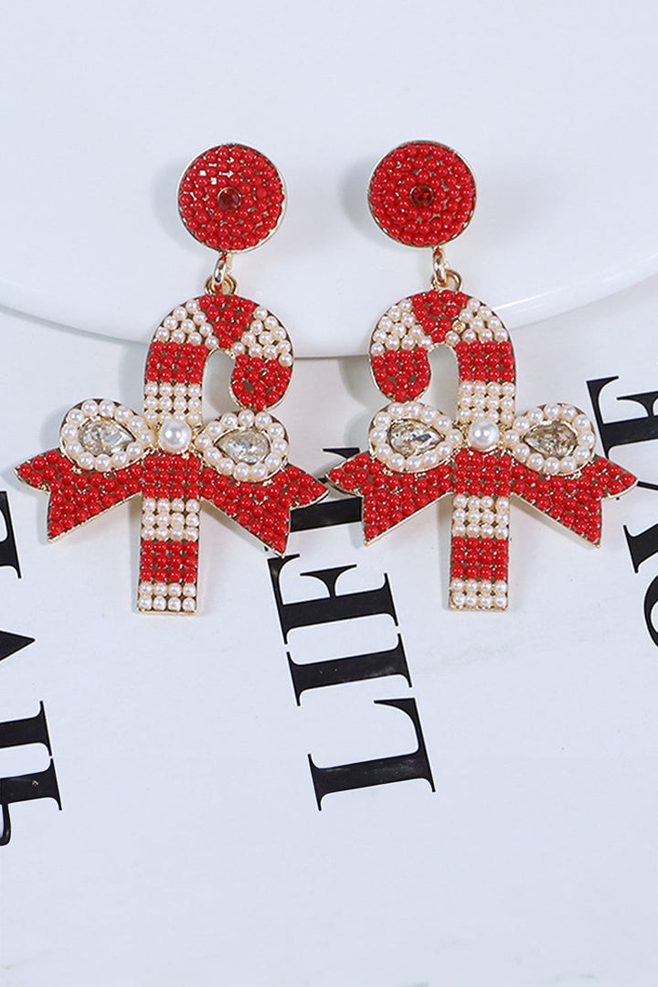 Christmas Candy Cane Pearl Beaded Dangle Earrings