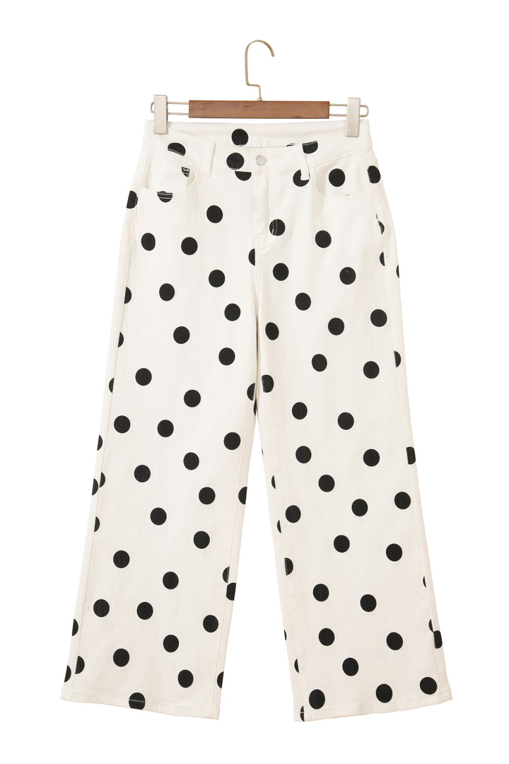 White Polka Dot Print Wide Leg Ankle-Length Jeans