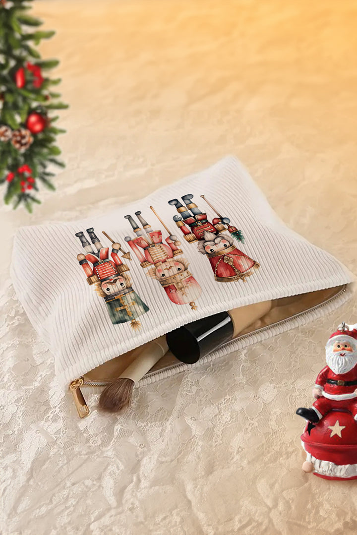Christmas Fashion Print Corduroy Zip Up Cosmetic Bag