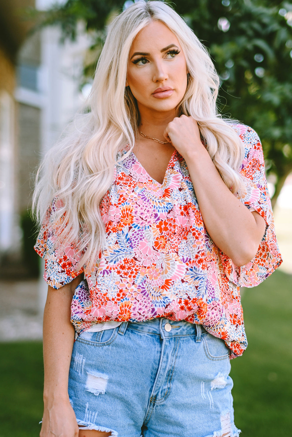 Multicolor Notch V Neck Gorgeous Floral Blouse