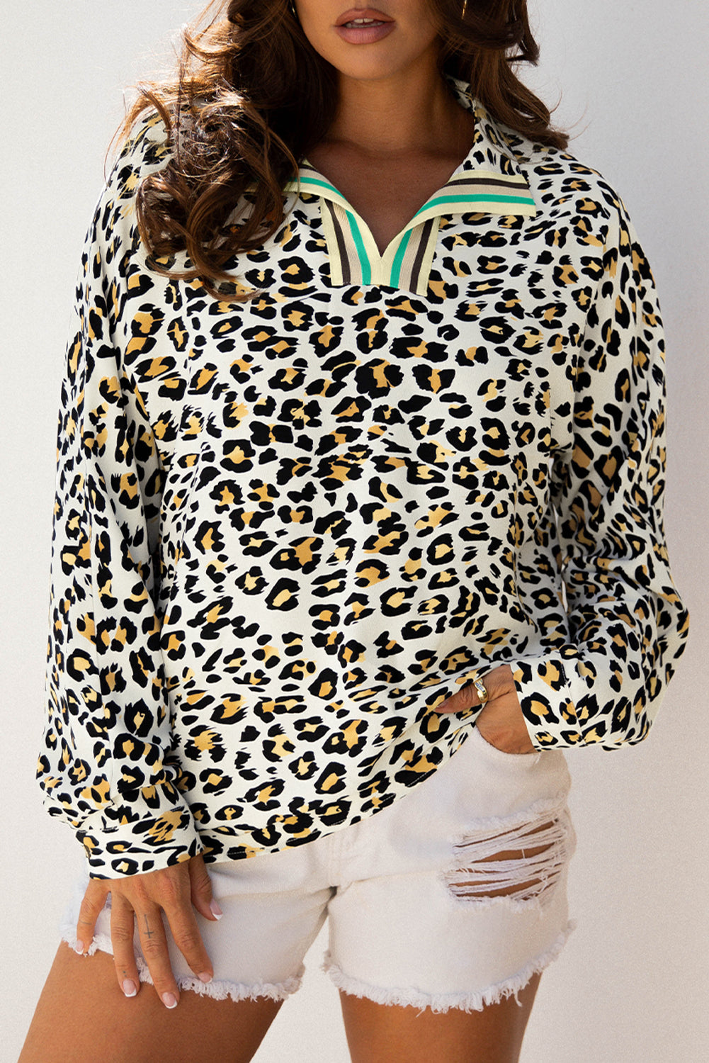 Leopard Print Contrast Striped V Neck Blouse