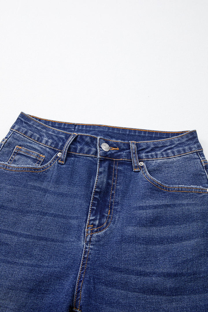 Dark Blue Whiskered Wash Raw Hem Cropped Jeans