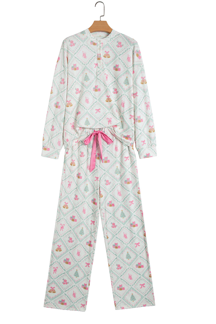 White Long Sleeve Patchwork Shift Christmas Daily Wear Lounge Set