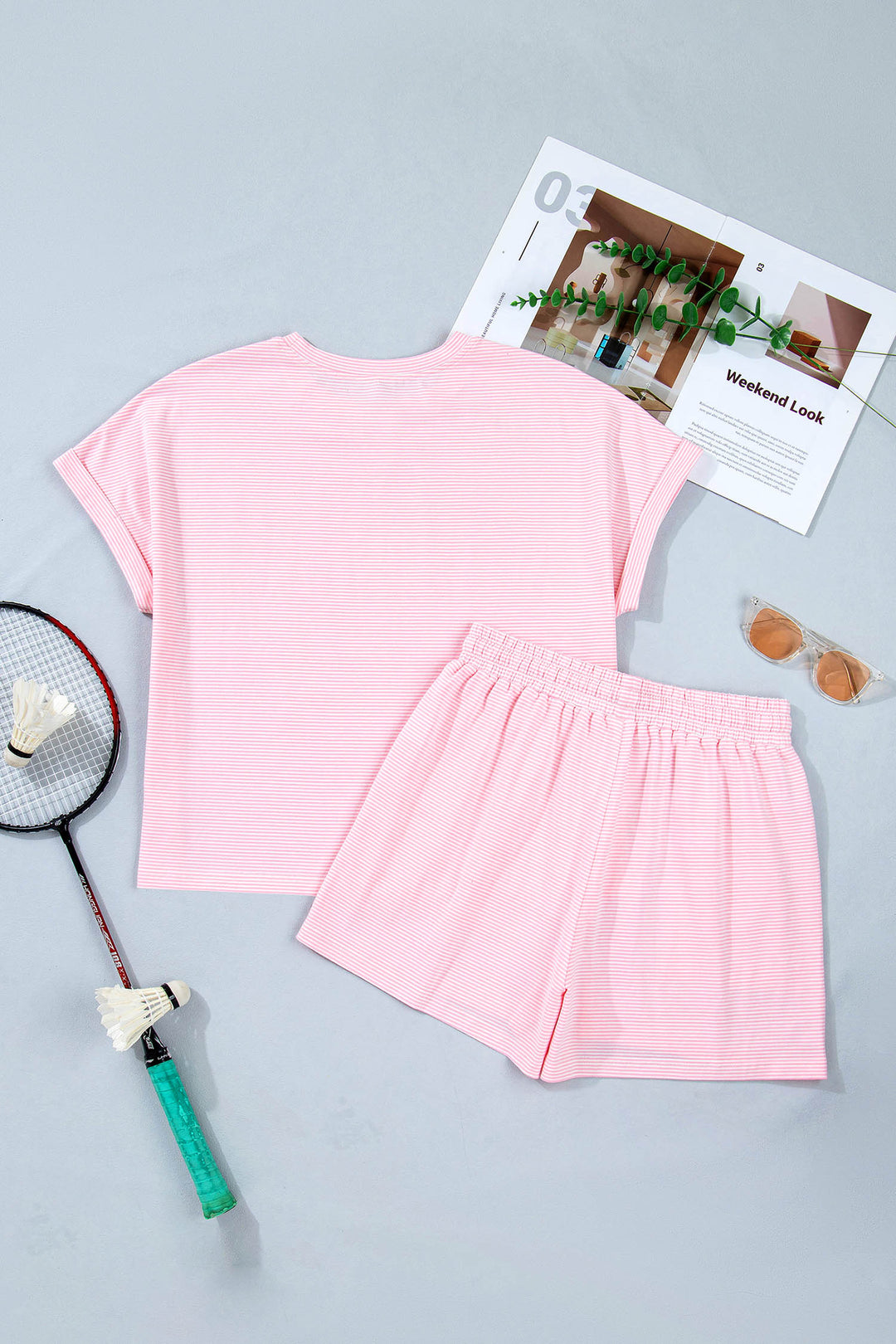 Pink Stripe Matching Oversized Tee and Drawstring Shorts Set