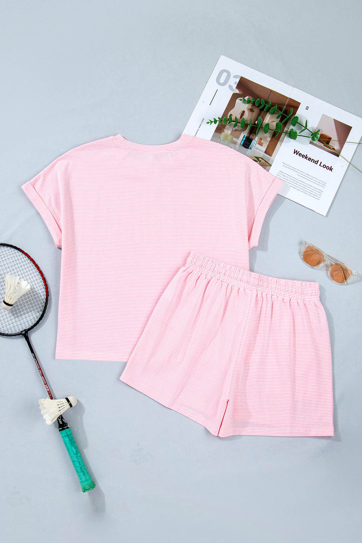 Pink Stripe Matching Oversized Tee and Drawstring Shorts Set