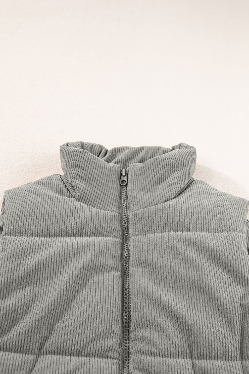 Gray Corduroy Stand Neck Zipped Puffer Vest