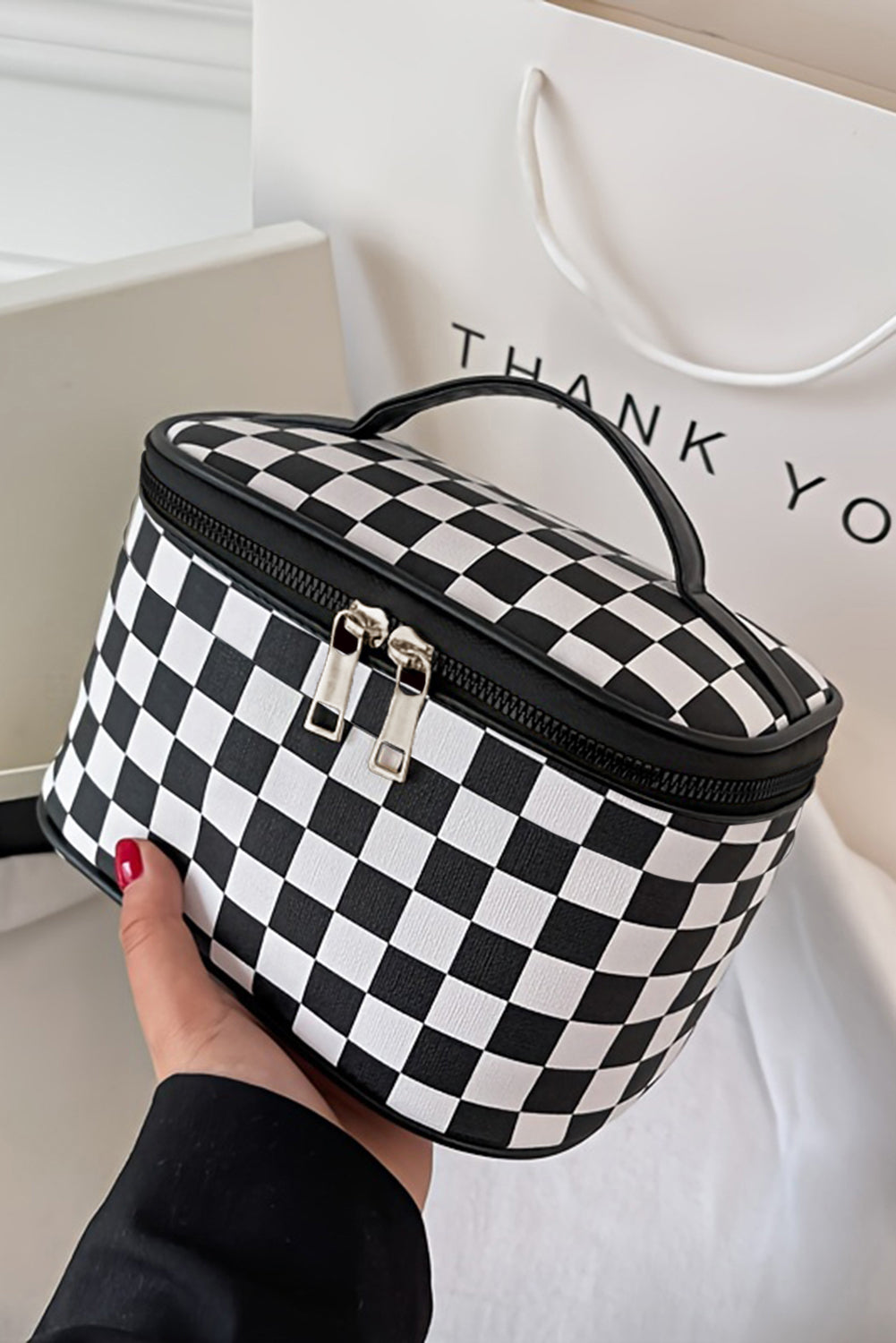 Checkered Zipper Large Cosmetic Bag with Handle