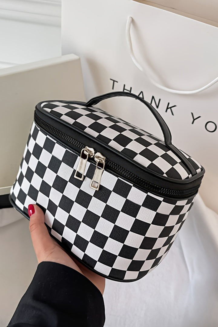 Checkered Zipper Large Cosmetic Bag with Handle