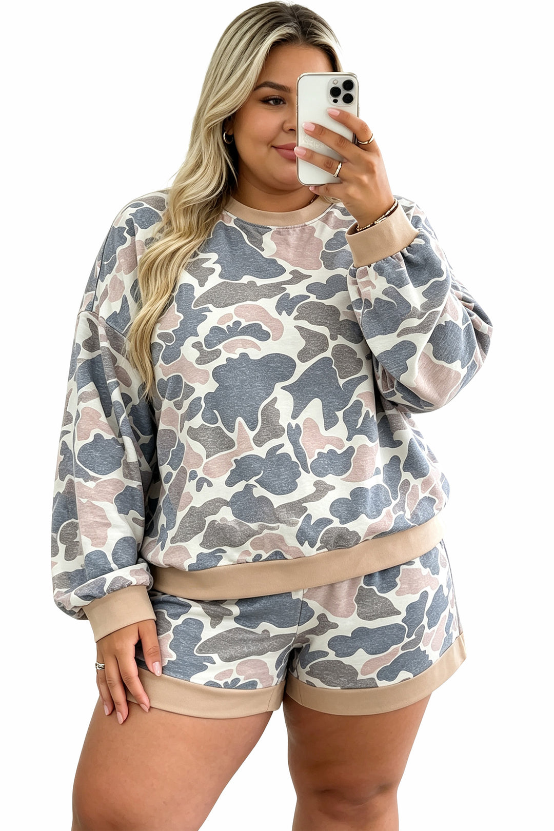 Multicolour Camouflage Print Round Neck Pullover Plus Size Shorts Set