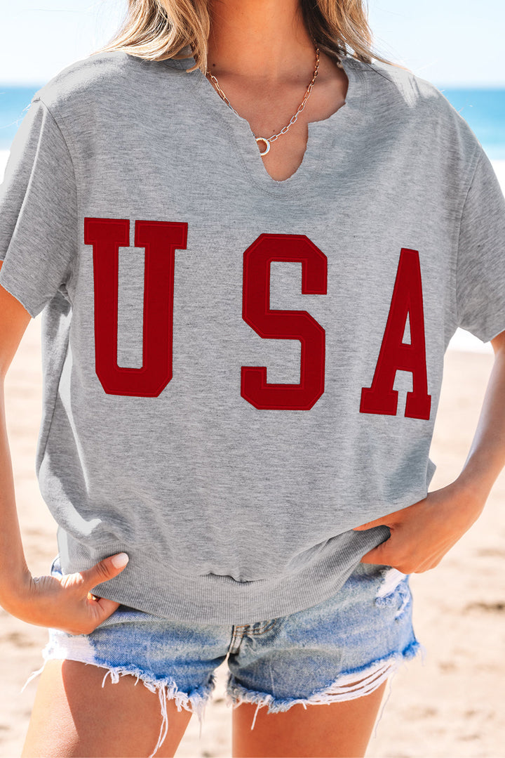 USA Lettering Patch Notched Neck Loose Tee