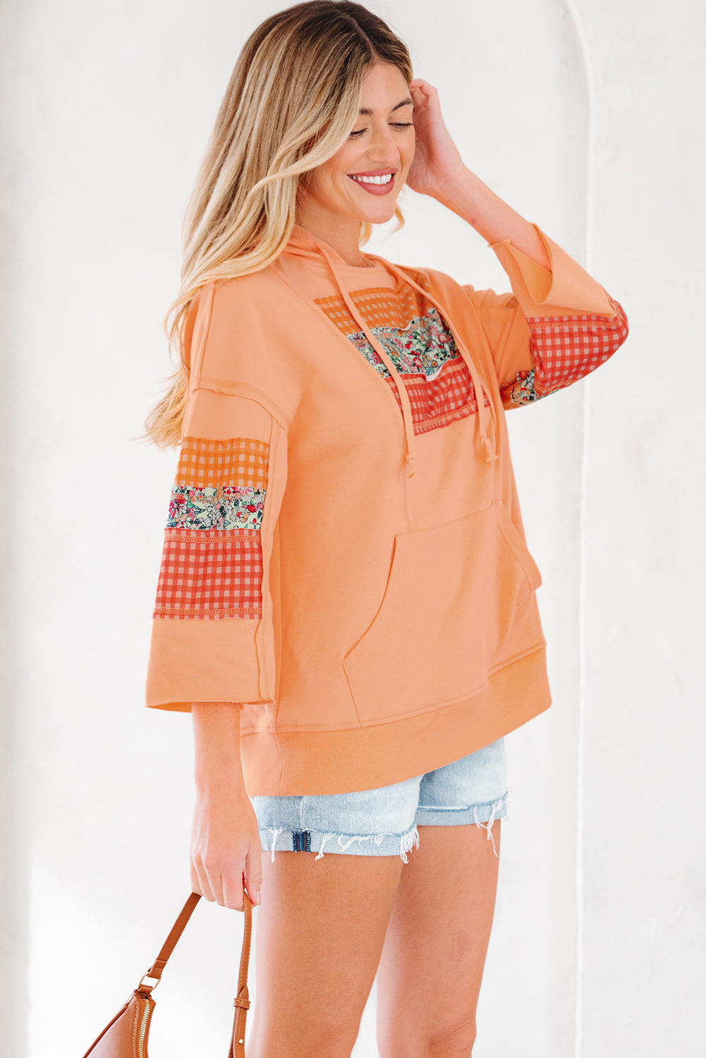 Plaid Floral Patchwork Kangaroo Pocket Hooded Long Sleeve Top