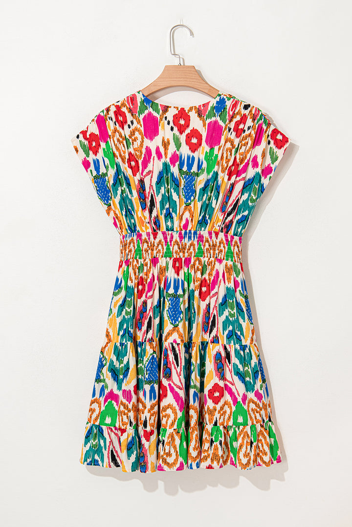 Sky Blue Abstract Print Dolman Sleeve Ruffle Tiered Mini Dress
