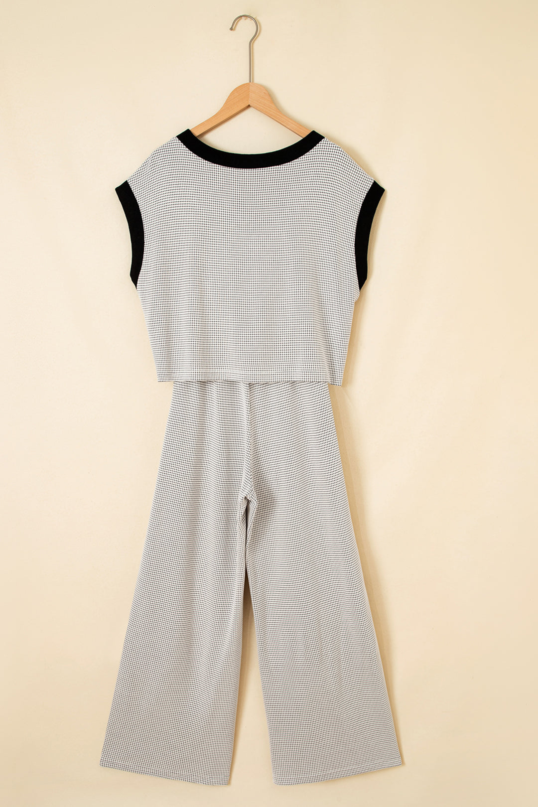 Beige Stylish Knit Lace Colorblock Trim Tank Drawstring Wide Leg Pants Set