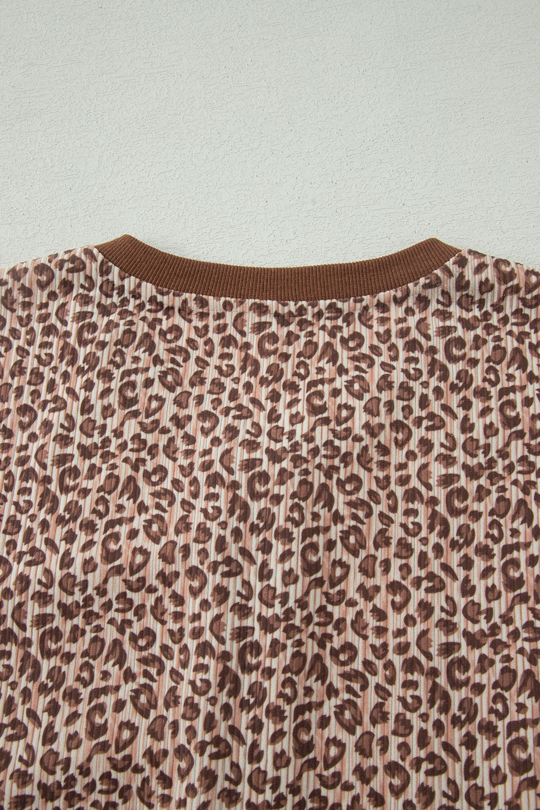 Brown Leopard Print Ribbed Patchwork Half Button Loose Tee Elastic Waist Short 2pcs Set