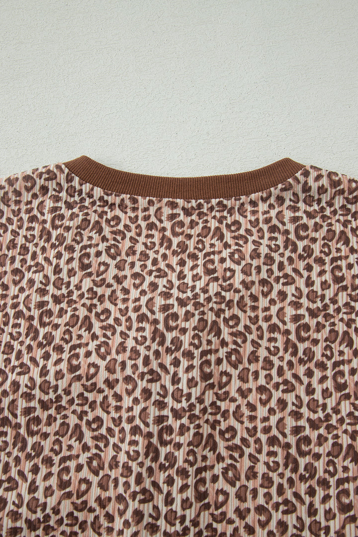 Brown Leopard Print Ribbed Patchwork Half Button Loose Tee Elastic Waist Short 2pcs Set