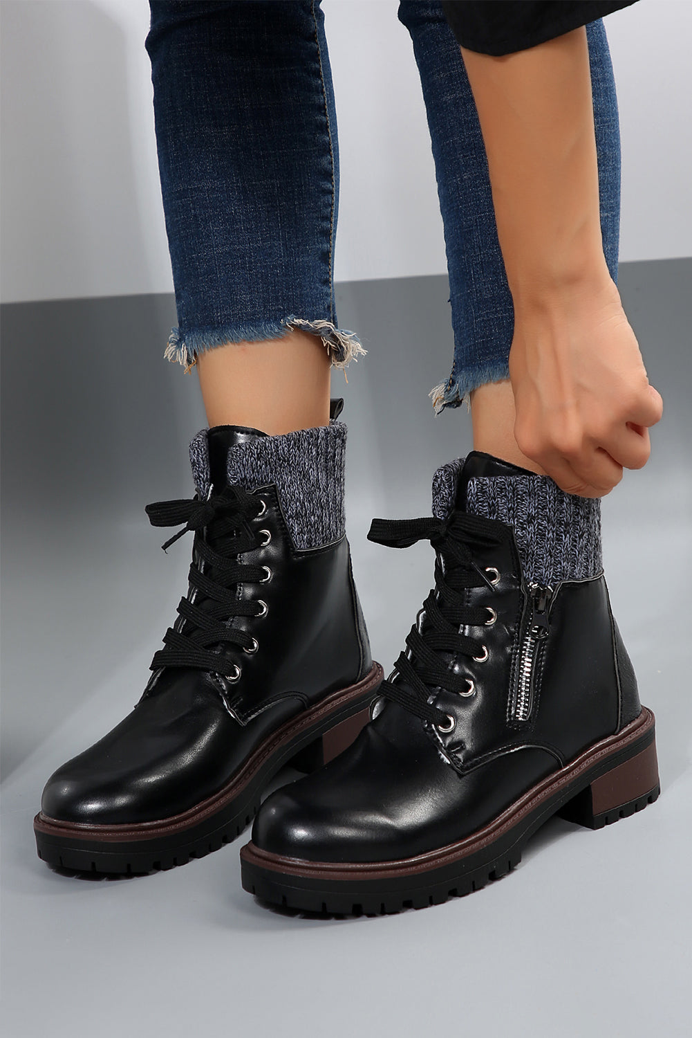 Knitted Patched Lace-up Heeled Ankle Boots