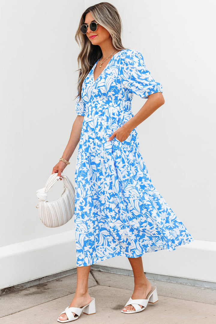 floral v neck puff short sleeve flowy long dress
