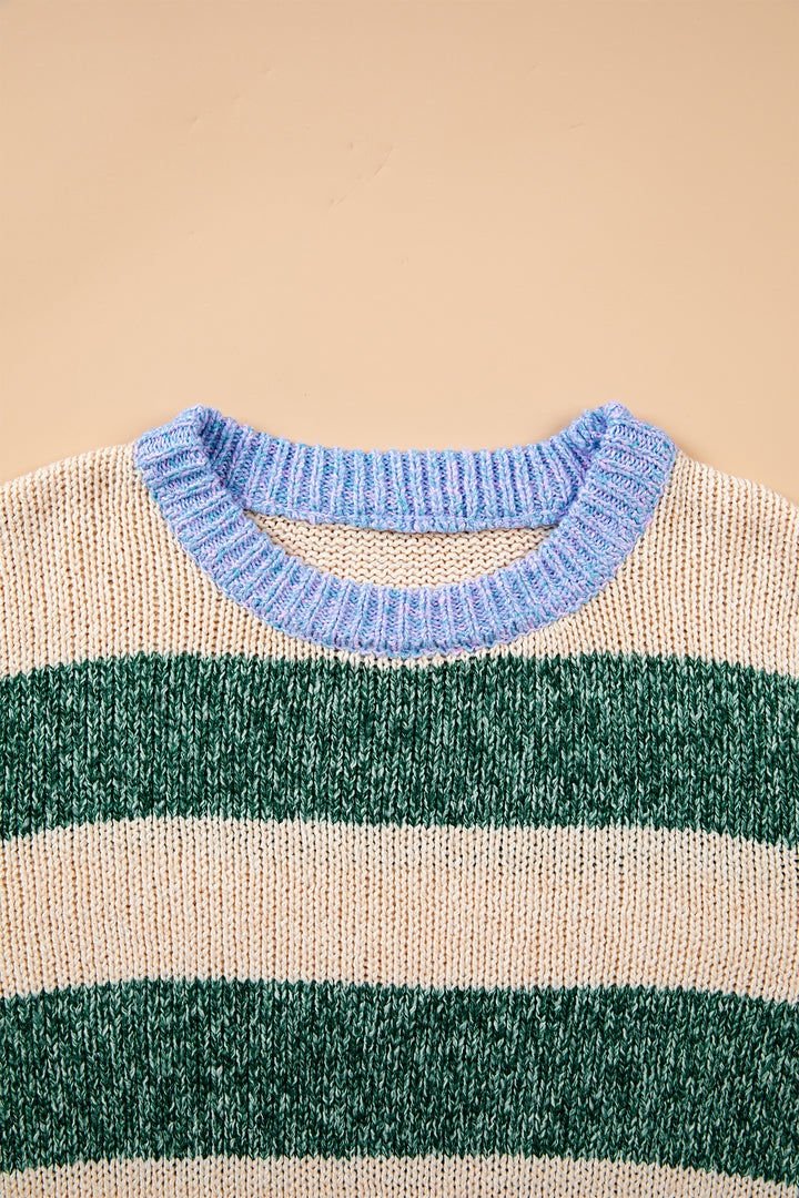 Green Stripe Colorblock Drop Shoulder Pullover Sweater