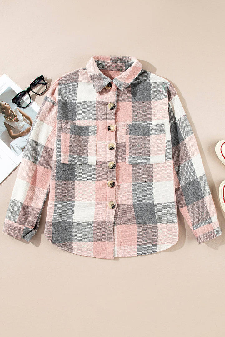 Pink Gray Plaid Color Block Buttoned Long Sleeve Jacket with Pocket