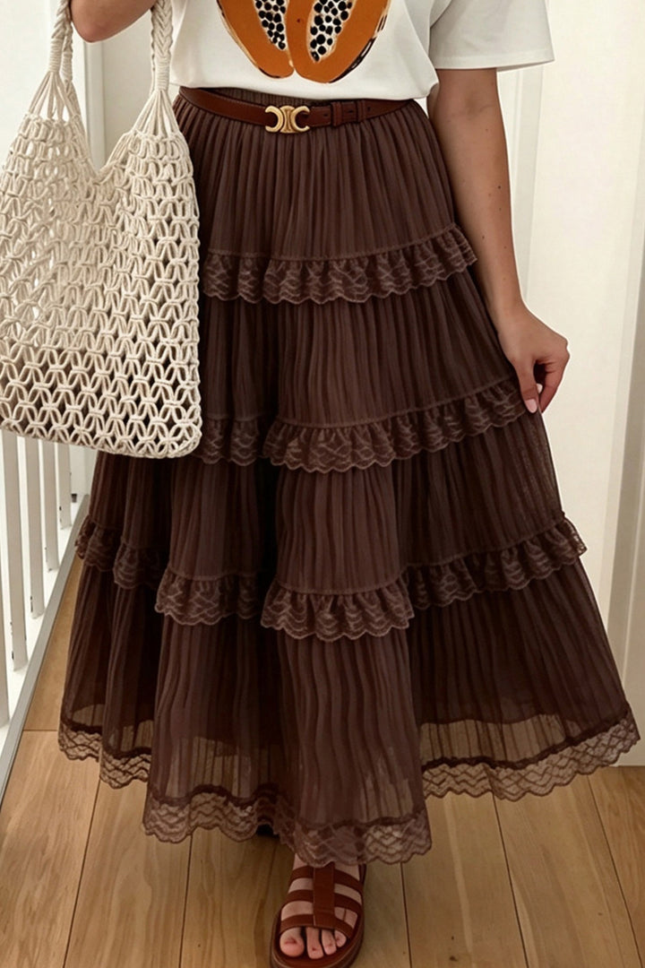 Dark Brown Pleated Tiered Lace Trim Maxi Skirt