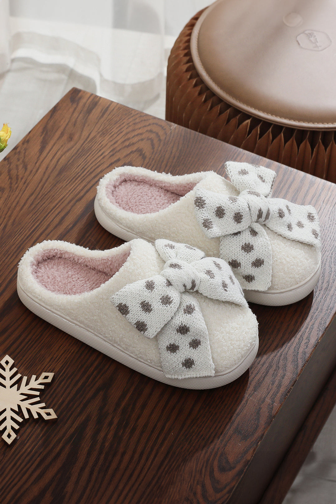 Polka Dot Knit Bow Decor Plush Color Block Slippers