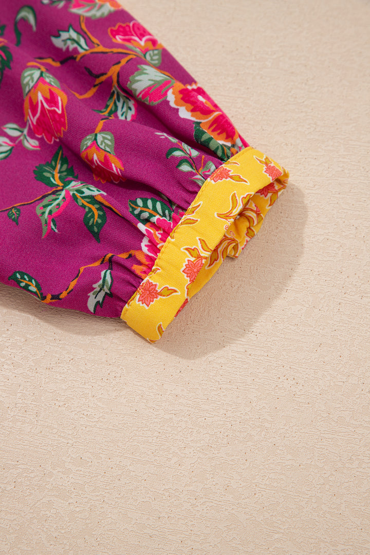 Contrast Placket Split V Neck Floral Blouse