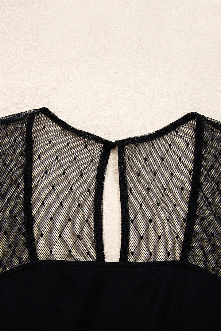 Black Polka Dot Mesh Long Sleeve Square Neck Bodysuit