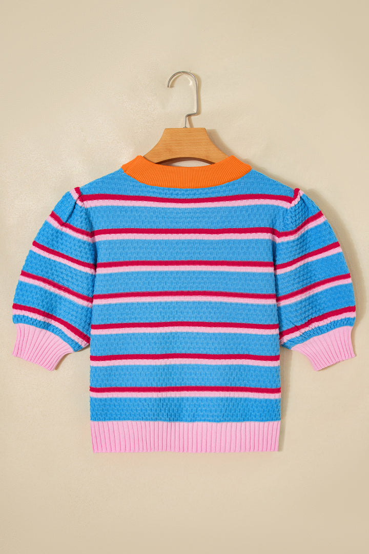 Sky Blue Stripe Colorblock Trim Half Sleeve Sweater Top
