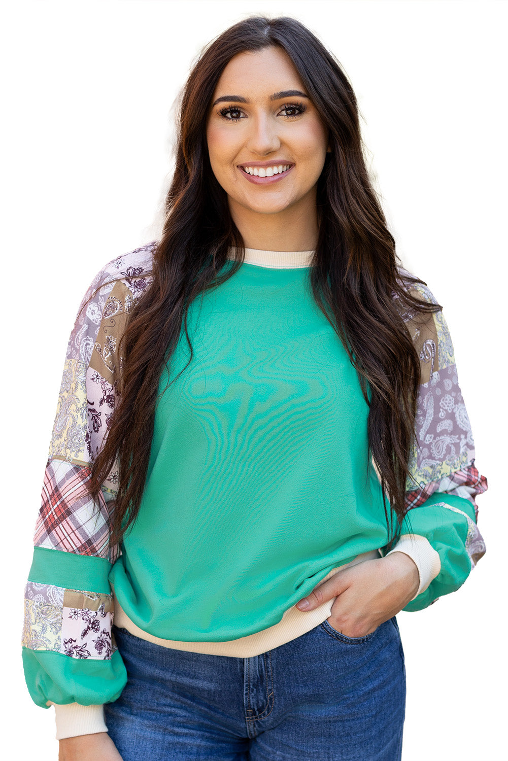 Plaid Vintage Paisley Patchwork Long Sleeve Raglan Top