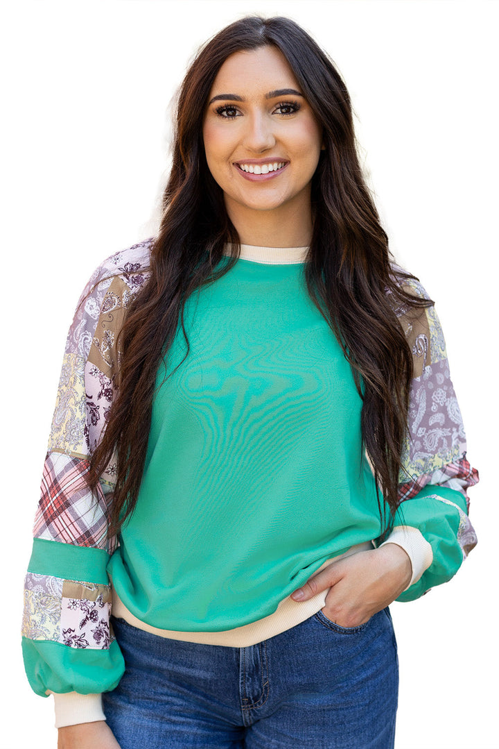 Plaid Vintage Paisley Patchwork Long Sleeve Raglan Top