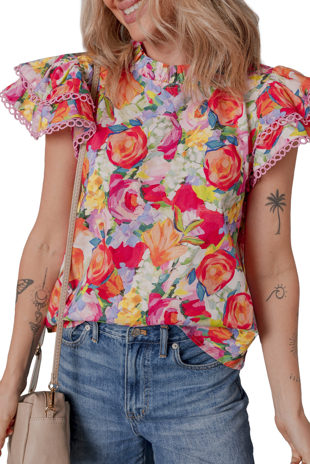 Lace Trim Ruffle Short Sleeve Floral Blouse