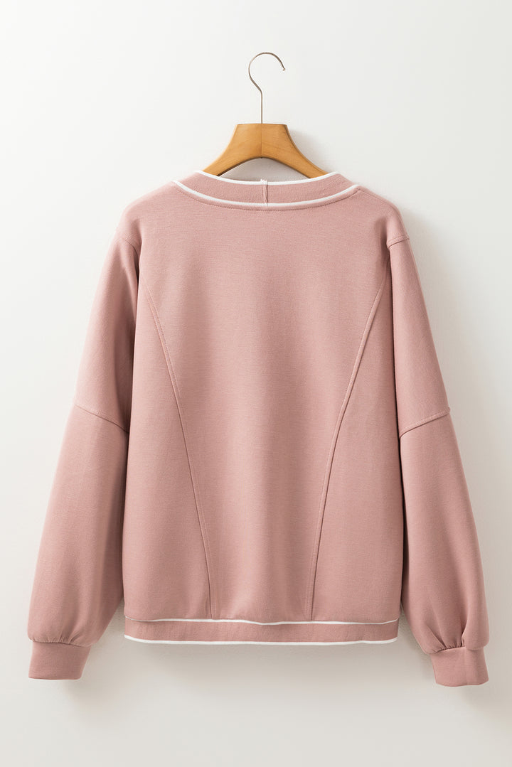 Pink Stripe Contrast Trim Buttoned Front Pocketed Knit Cardigan
