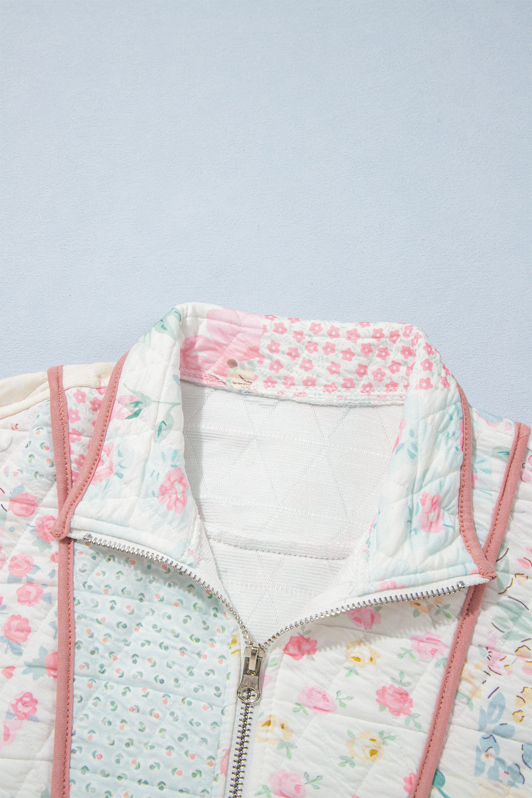 Multicolour Floral Quilted Metal Zipper Collar Long Sleeve Sweatshirt