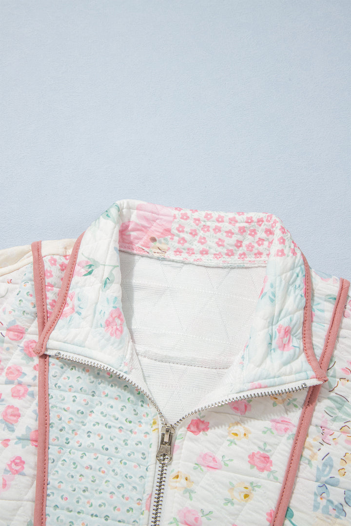 Multicolour Floral Quilted Metal Zipper Collar Long Sleeve Sweatshirt