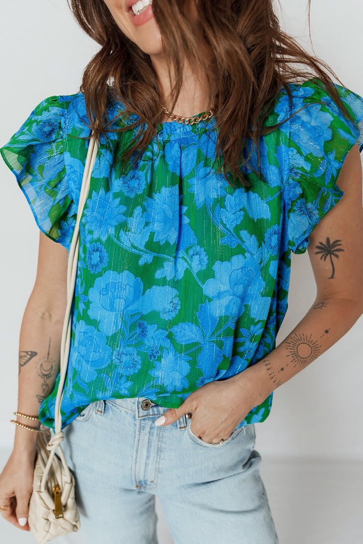Floral Print Ruffled Sleeve Summer Blouse