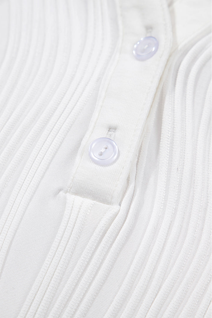 White Wavy Textured Button V Neck Tee