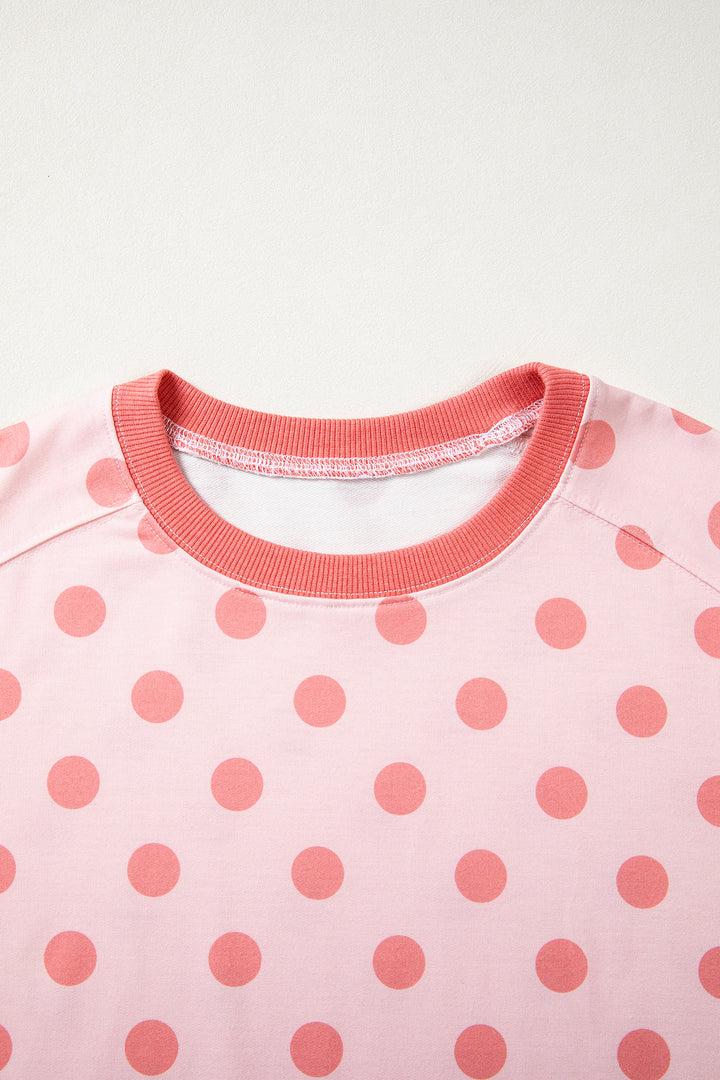 Pink Color Block Trim Polka Dot Casual Tee