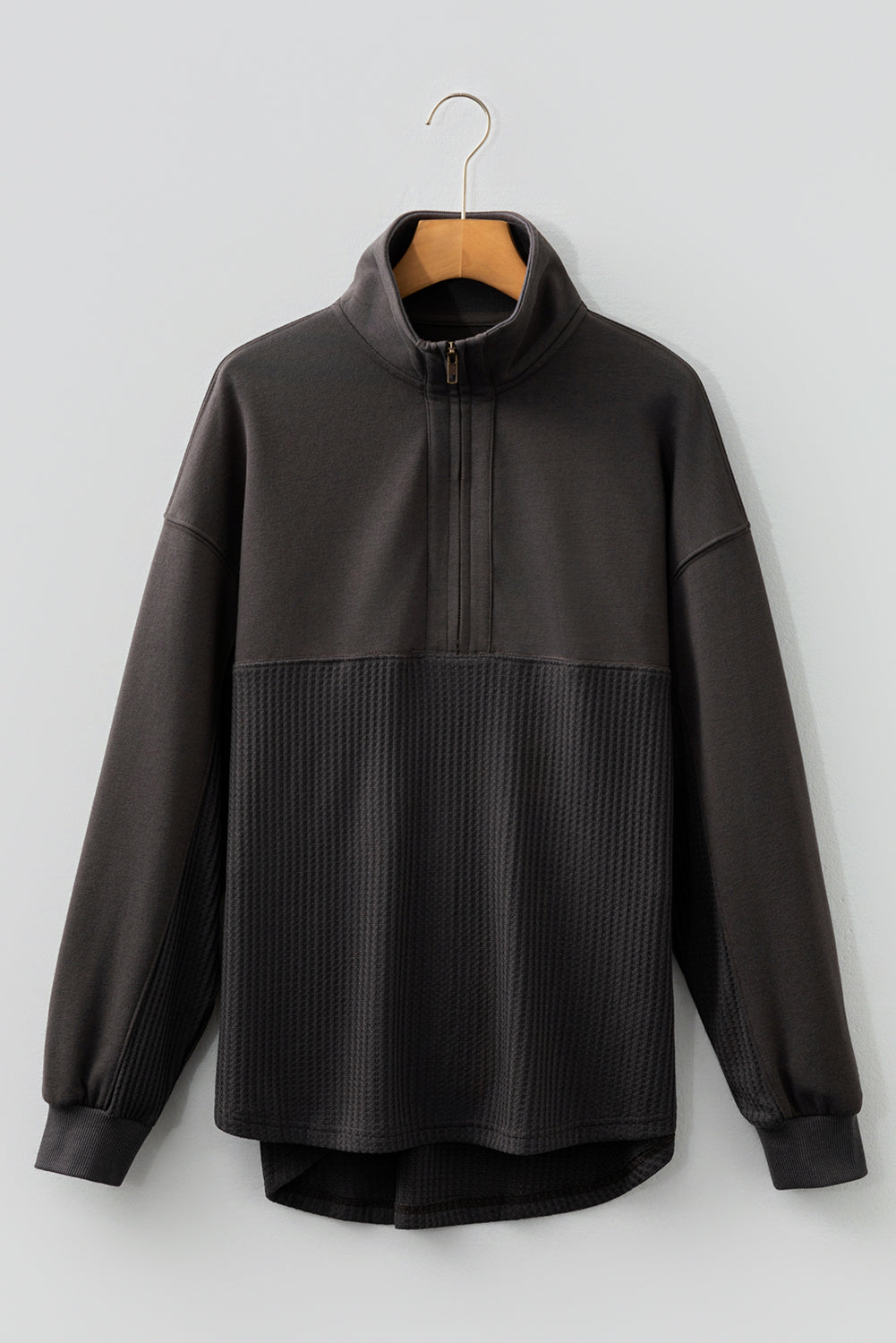 Waffle Knit Patchwork Half Zipped Casual Sweatshirt
