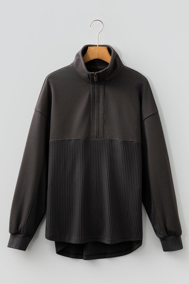 Waffle Knit Patchwork Half Zipped Casual Sweatshirt