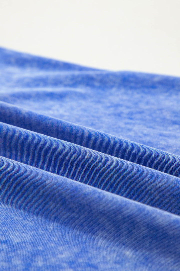 Sky Blue Mineral Wash Raw Seam Lace Sleeve Cotton Tee