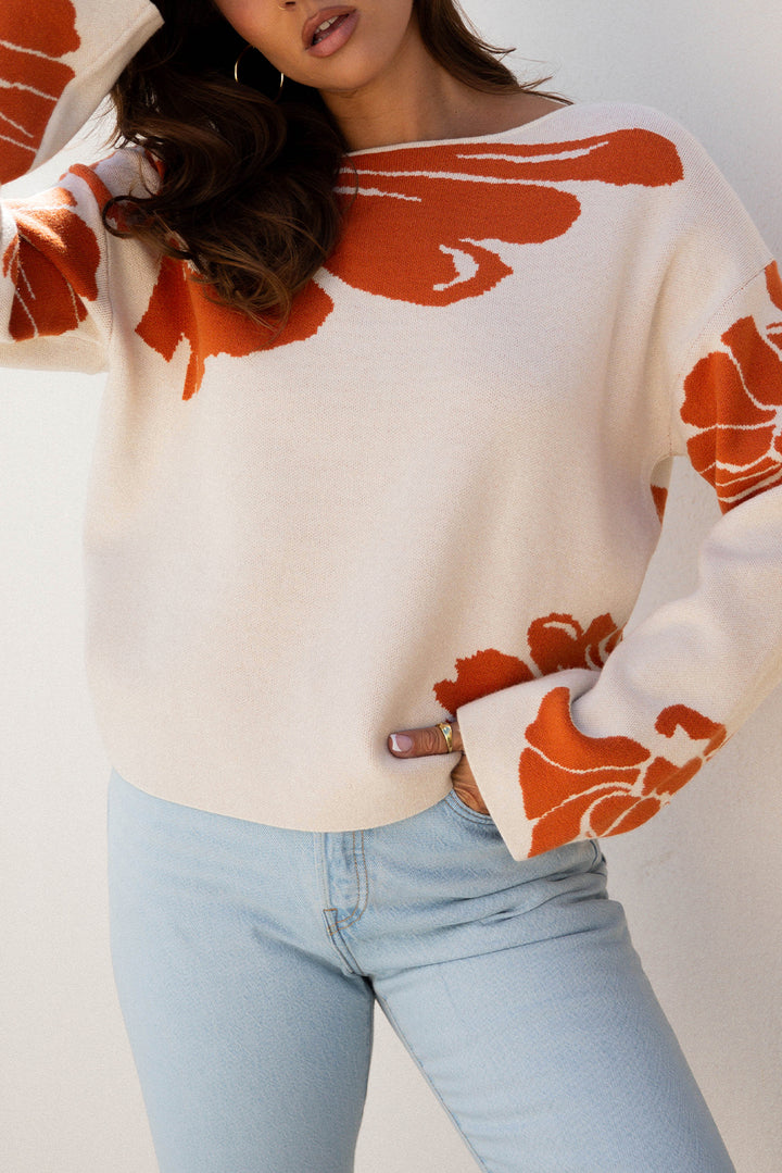 Bold Flower Pattern Wide Sleeve Baggy Sweater