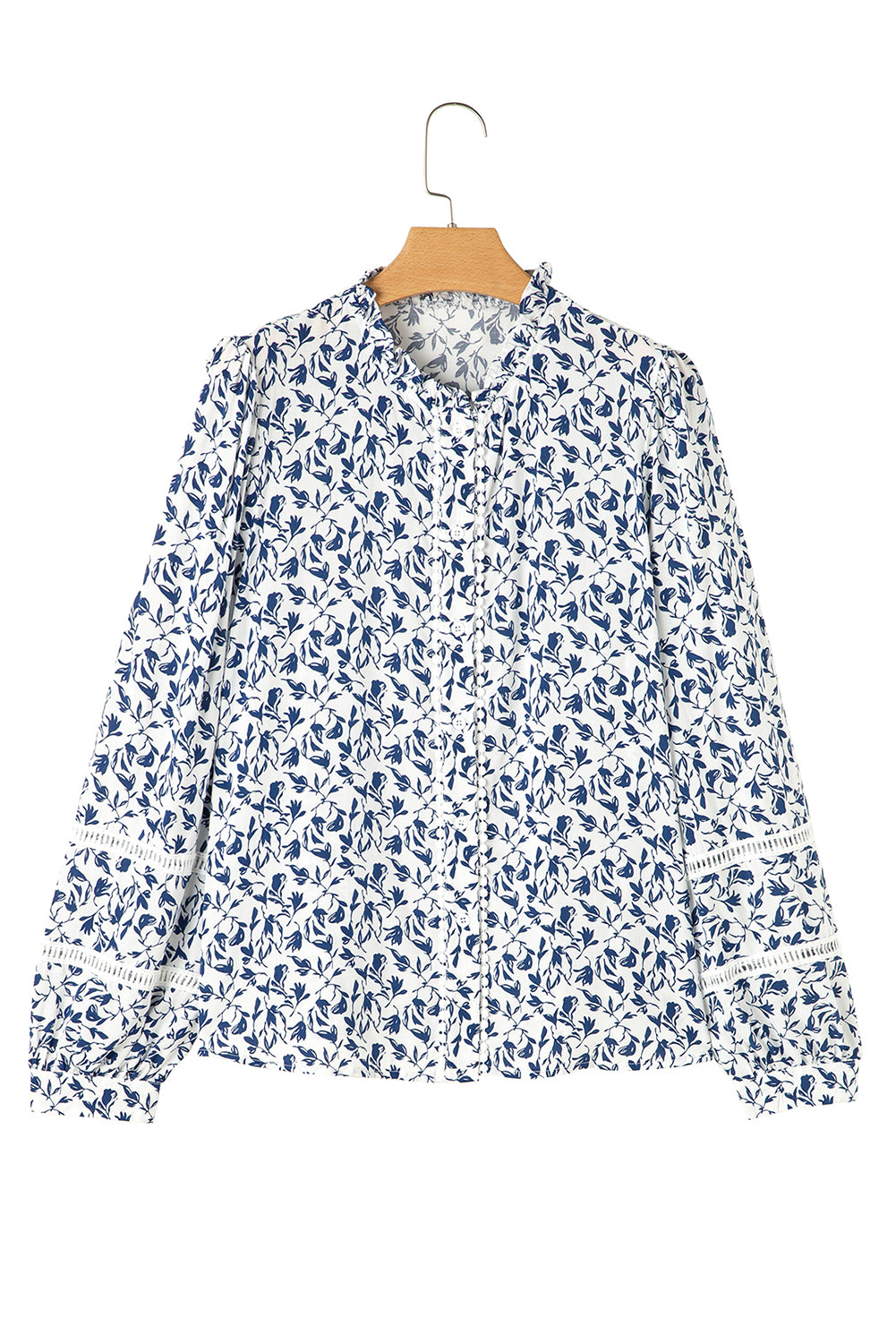 Blue Printed Lace Detail Floral Puff Sleeve Fall Shirt