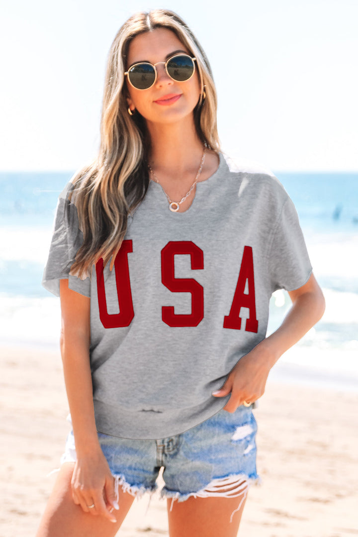 USA Lettering Patch Notched Neck Loose Tee