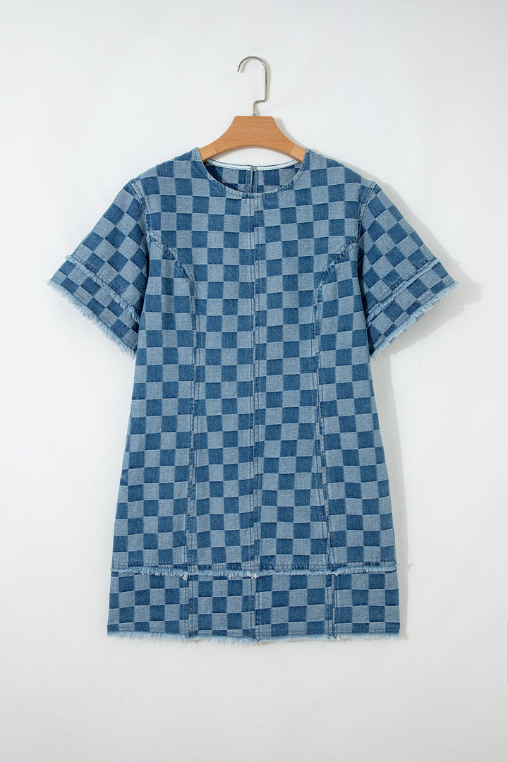 Sky Blue Frayed Hem Checkered Denim Mini Dress